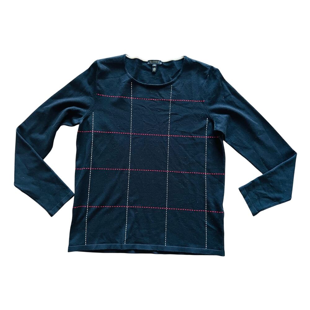 Escada Women’s Knit Long Sleeve Blouse Black Top Small Windowpane Designer